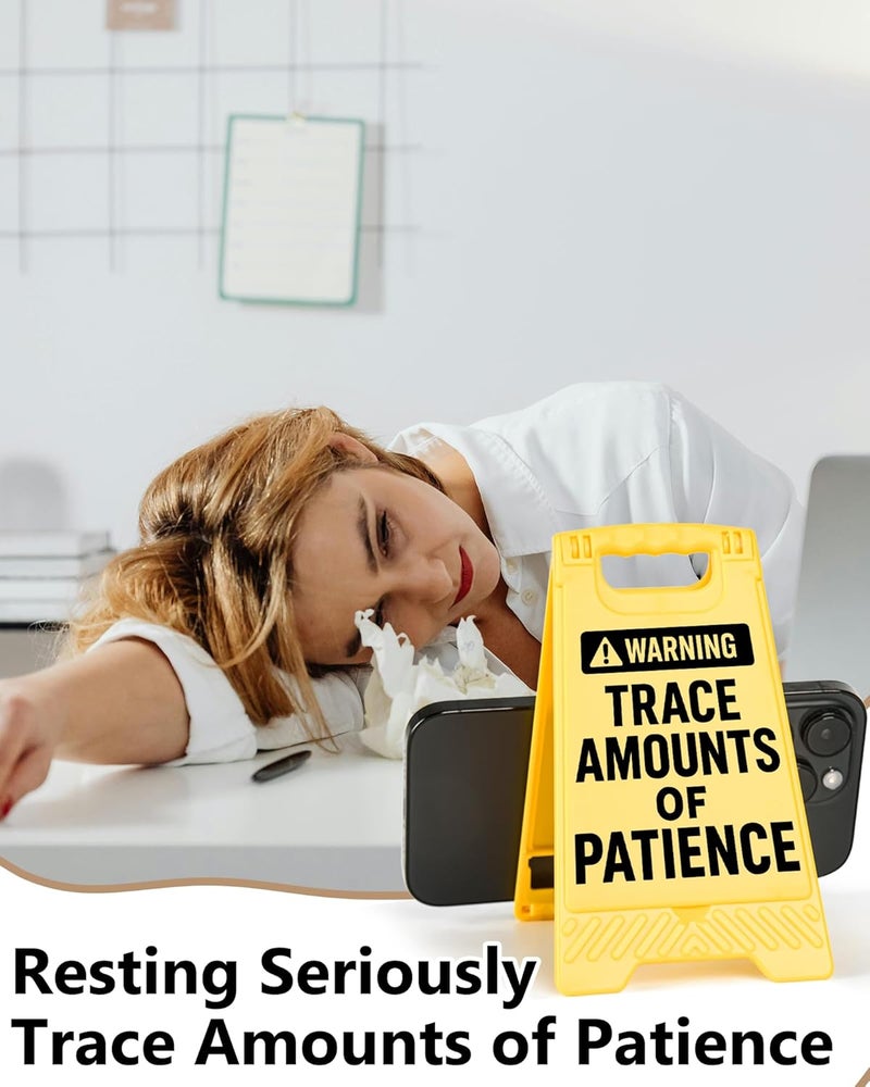 EXUBERIUM Warning Trace Amounts of Patience Funny Reminder Desk Sign Yellow Warning Style Office Table Decorative Gift for Coworkers Friends Home Workspace Phone Holder Mirror Acrylic Cubicle Tabletop Sign - Image 4